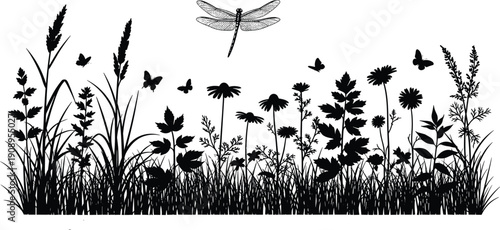Meadow grass silhouette with dragonfly and butterflies, nature summer field vector illustration, floral spring garden border design element isolated on white background.