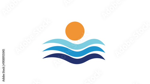 Stylized Sun Rising Above Blue Sea Waves Abstract Logo Design
