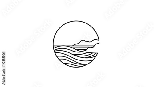 Minimalist Coastal Landscape Circle Icon with Ocean Waves and Mountains