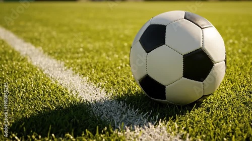 Wallpaper Mural Soccer ball rolling across green grass field with white boundary lines in bright daylight Torontodigital.ca