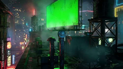 Futuristic cyberpunk city rooftop with green billboard. 4K Video