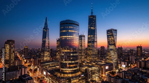 Wallpaper Mural Aerial drone footage of modern cityscape at dusk with sleek skyscrapers and vibrant city lights Torontodigital.ca