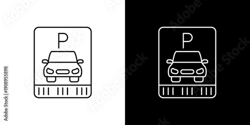Line art vector icon of a parking sign with a car symbol, illustrating a car park location or garage. Ideal for apps and maps