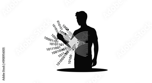 Silhouette of a person interacting with flowing digital data streams, representing technology and information flow.