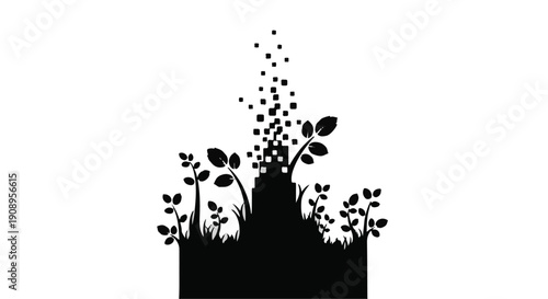 Silhouette of growing plants and leaves emerging from the ground with small particles rising upwards