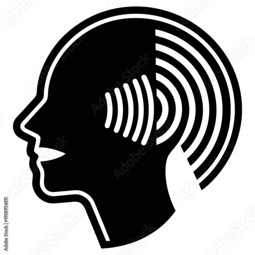 Black and White Vector Graphic of Human Head Profile with Sound Waves Emitting from Ear on white background