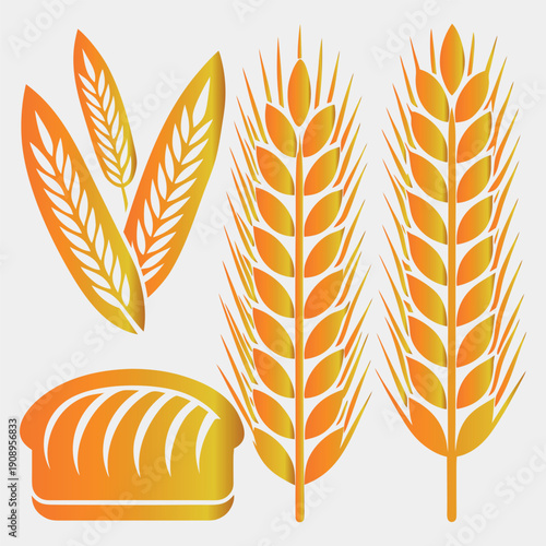 Golden Wheat and Bread Vector Icons with Orange Gradient, Illustrating Freshly Baked Loaf and Harvested Crops on white background