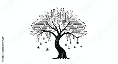 Abstract tree of knowledge branches out with futuristic digital circuits and geometric shapes