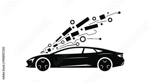 Sleek electric car emitting digital data streams, symbolizing innovation and connectivity.
