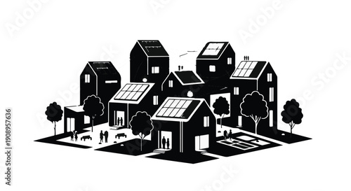 Modern eco-friendly village with solar panels on rooftops, fostering sustainable living.
