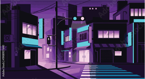 Urban architecture design featuring a cartoon vector illustration of a city street at night with building windows and house exteriors under a dark sky