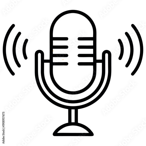 Black and White Microphone Icon with Sound Waves Emitting from It, Simple Line Art Style Illustration for Audio, Music, or Podcast Use on white background