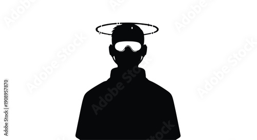 Mysterious figure wearing goggles and halo, symbolizing futuristic protection and digital guardian.