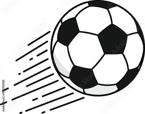 Fast-moving soccer ball in black and white with motion lines, representing the dynamic action of the sport