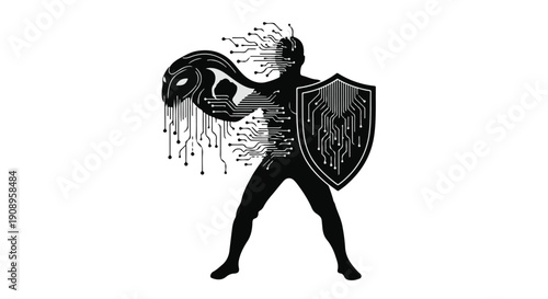 Futuristic warrior with digital shield and fragmented mask representing cybersecurity and data protection.