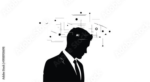 Silhouette of a man in a suit with glowing AI network connections emanating from his head.