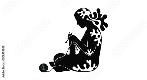 Creative person crafting with yarn, abstract splashes of light and dark patterns