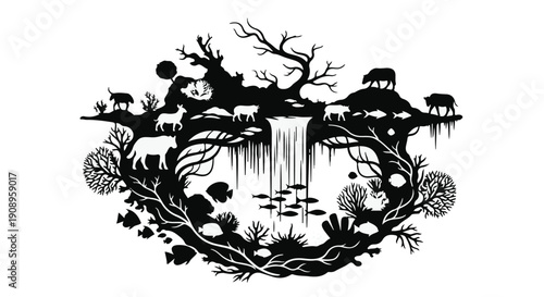 Whimsical circular nature scene with diverse wildlife and cascading waterfall