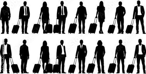 Set of professional traveler silhouettes of men and women in business suits carrying luggage and pulling suitcases for travel.