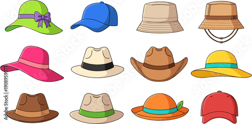 Colorful collection of various hats including sun hats, caps, fedoras, and cowboy hats for summer and outdoor fashion.