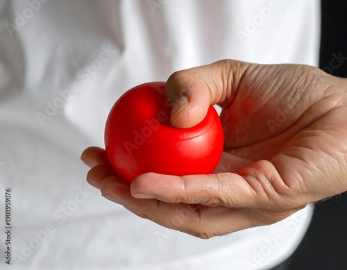 A hand holds a small red stress ball
