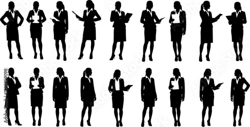 Set of professional business woman silhouettes in suits holding folders and tablets for corporate office and leadership concepts.