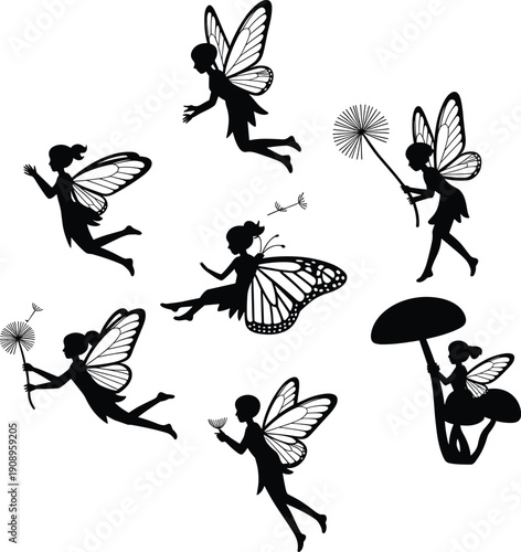 Fairy silhouettes vector, magical wings, whimsical poses, fantasy artwork, enchanted design, black illustration, folklore symbol, children’s story inspiration