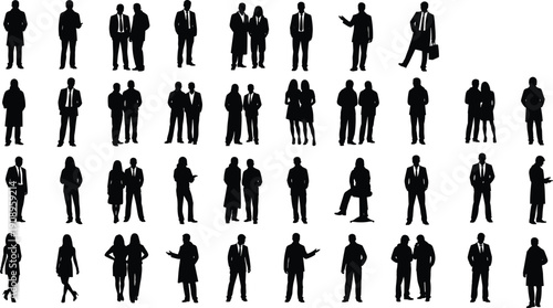 Business people silhouettes collection standing in various poses isolated on white background, corporate team professional concept