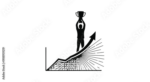 Silhouette of a person holding a trophy aloft on a rising graph, symbolizing success and achievement.