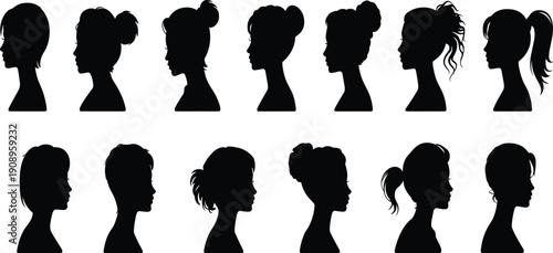 Female head silhouettes, diverse hairstyles, ponytail, bun, curly hair, fashion design, beauty illustration, black vector, minimalist artworkFemale head silhouettes, diverse h