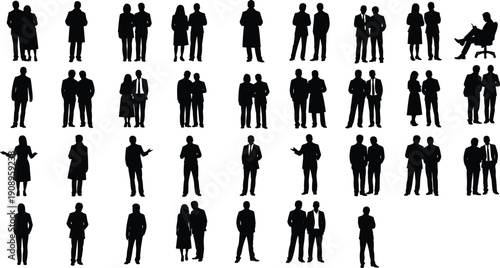 Business people silhouette set in different standing poses isolated on white background, corporate professionals teamwork concept collection