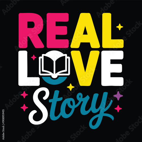 Real love story with open book and stars on black background, reading and education concept