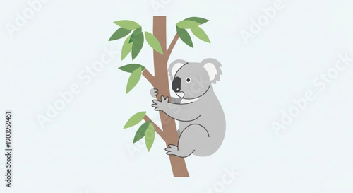Koala Climbing Tree with Green Leaves, Cartoon Style, Isolated on White