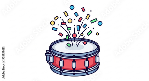 Red Bongo Drum with Confetti Exploding on White Background
