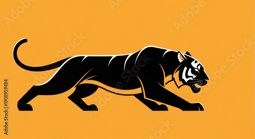 Black Panther Running Fast on Orange Background, Vector Illustration