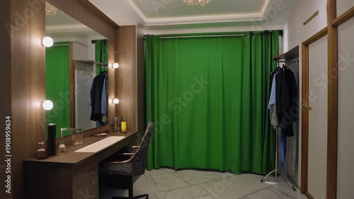 interior of a hotel room with green screen on the wall
