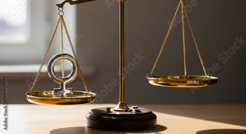 Golden Scales of Justice with Ring on One Side, Isolated on Wooden Table, Symbolizing Balance and Law