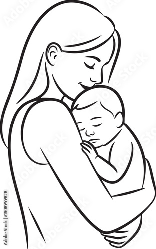 A loving mother tenderly holds her sleeping newborn baby in her arms