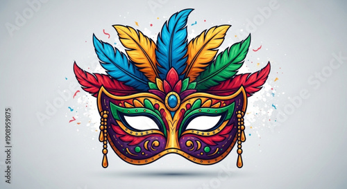 Colorful Carnival Mask with Feathers Isolated on White Background