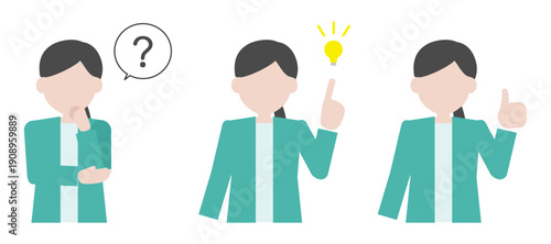 ビジネスパーソンの女性のイラストセット。悩む、閃く、納得するポーズの3パターン。