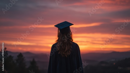 A lone graduate stands silhouetted against a vibrant sunset sky, wearing a cap and gown and looking out over a serene mountainous landscape.