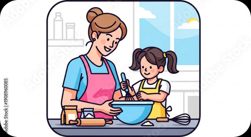 Mother and Daughter Cooking Together in Kitchen, Cartoon Style