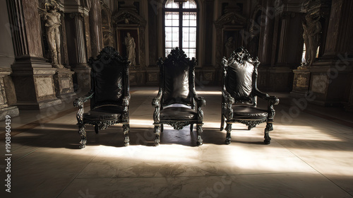 omniscient. Three high-backed chairs in empty marble hall with sunlight from windows. real-estate listings, architecture portfolios, designed for real-estate listing and luxury residence showcases.
