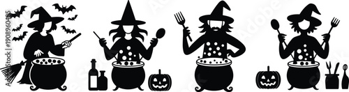PrintHalloween witches silhouettes, bubbling cauldrons, flying bats, carved pumpkins, spooky utensils, magical tools, eerie festive night design