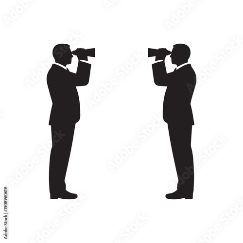 Two Businessmen in Suits Looking Through Binoculars Symbolizing Future Vision and Strategy.