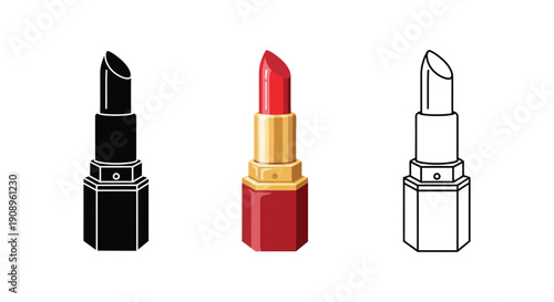Set of three lipstick illustrations in silhouette, color, and outline