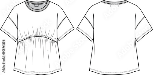 Women's gathered empire waist t-shirt technical fashion illustration front and back view vector flat sketch design.