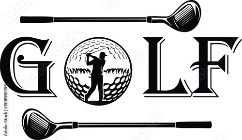 A detailed depiction of golf equipment and a golfer in action on a lush green course.
