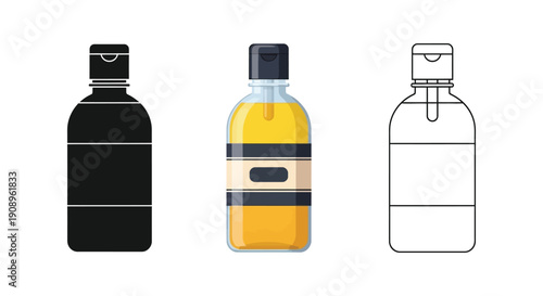 Set of three cosmetic oil bottles illustrations in silhouette, color, and outline