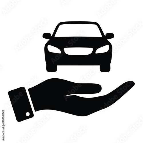 A black and white illustration of a hand protecting a car symbolizing insurance and safety.
